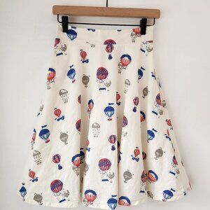 Vintage Beige Mid Skirt Twirl Circle Hot Air Balloon Novelty Print Women's S